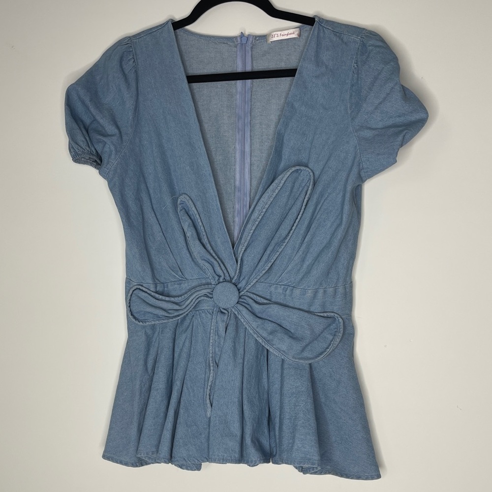 Denim Blue Women's Top with Bow Detail